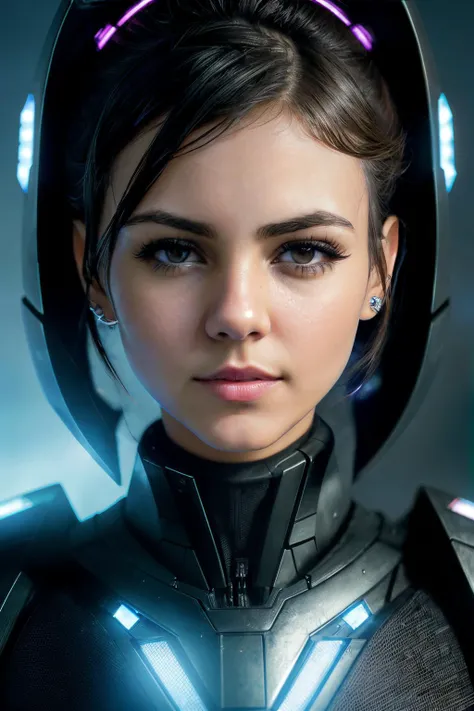 up close photo of victoriaJu1 , ((best quality)), ((masterpiece)), (detailed), Midjourney Style, close-up, woman, robot, red eyes, concept art, inspired by Marek Okon, digital art, Crysis Nanosuit, futuristic, (glowing elements:1.1), 4:3 aspect ratio, dynamic duo