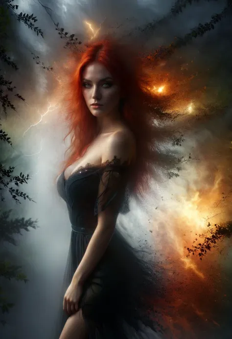 ,masterpiece, fantasy, digital art, highly detailed, overall detail, atmospheric lighting, , awesome background, highly detailed styling, studio photo, intricate details, highly detailed, cinematic,subsurface scattering, ray tracing, (volumetric lighting) BREAK,
a woman, red hairs, black dress, (lightning amber eyes:1.2),, , in the fog, dimly lit, night, darkness,  split complementary colors, cold colors,  silhoutte from trees in the forest
<lora:ral-dissolve:1.5>, <lora:sandstone-SDXL:1>, <lora:SDXL_Fog_Sa_May:1>