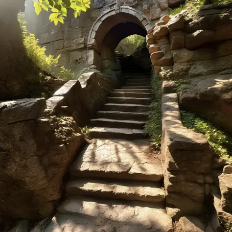 cinematic photo wide angle, staircase in atlantis, dim hallway, lush nature,  tree,  ancient bridge,  pbr texture sandstone, (masterpiece,best quality:1.6),Fearful, Contax G1/G2 Camera ,film camera, , cracked weathered,  torch light, fantasy setting, details
 <lora:sandstone-SDXL-m:1> . 35mm photograph, film, bokeh, professional, 4k, highly detailed