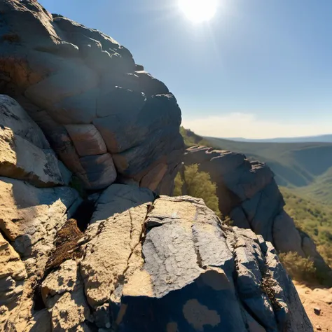 cinematic photo rocky valley, lush nature,  pbr texture sandstone, (masterpiece,best quality:1.6),Fearful, Contax G1/G2 Camera ,film camera, , cracked weathered,  golden hour, blue sky
 <lora:sandstone-SDXL-m:1> . 35mm photograph, film, bokeh, professional, 4k, highly detailed