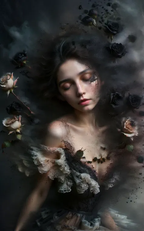 (aerial:3), a photo of a pale 35yo brunette woman made of ral-dissolve laying on the ground in a vintage black ball gown made of ral-dissolve, closed eyes, surrounded by black roses, in the fog, dimly lit, night, darkness, frills, ruffles, cinematic lighting, split complementary colors, warm colors, <lora:ral-dissolve-sdxl:1.5>, <lora:sandstone-SDXL:1>, <lora:SDXL_Fog_Sa_May:1>