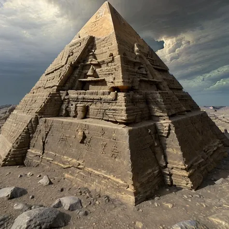 sculpture of(temple|pyramid:1.2) with engraved ornamental (ancient mystical alchemic runes:1.1), pbr texture dark cracked sandstone natural cracking, mars landscape,( cloudy storm sky:1.1) <lora:sandstonenatural-soft:0.55> <lyco:Cloudify:.08>