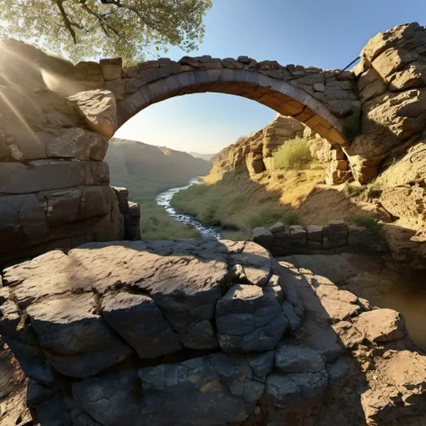cinematic photo wide angle, rocky valley, lush nature, tree, ancient bridge, pbr texture sandstone, (masterpiece,best quality:1.6),Fearful, Contax G1/G2 Camera ,film camera, , cracked weathered, golden hour, blue sky
<lora:sandstone-SDXL-m:1> . 35mm photograph, film, bokeh, professional, 4k, highly detailed