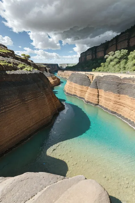 dramatic sandstone valley in lush nature with river, cracked boulders and waterfall, azure|teal water, cliffs, stormy clouds, blue sky <lora:sandstonenatural-medium:0.3> <lyco:Cloudify:.1> (clean face:1.5) natural light