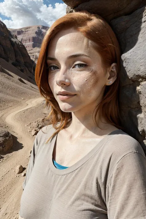 happy redhead woman adventurous hiker, walking in sandstone valley, cinematic scenic view, lush nature <lora:sandstonenatural-medium:0.35> <lyco:Cloudify:.1> clean face, 8k uhd, high quality, film grain, looking at viewer, portrait, (skin pores:1.2), (moles:0.8), (imperfect skin:1.1), intricate details, goosebumps, flawless face, ((photorealistic):1.1), (raw, 8k:1.2), hyper realistic, HDR, cinematic, dark, muted colors, atmosphere, ((macro lens))