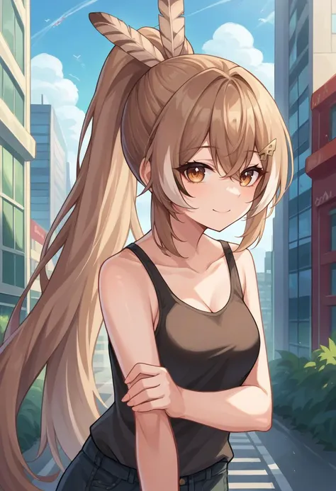 score_9, score_6_up, source_anime, 1girl, solo, city, mumei, ponytail, very long hair, feather hair ornament, hairclip, light smile, tank top, medium breasts <lora:mumeiXL:0.8>