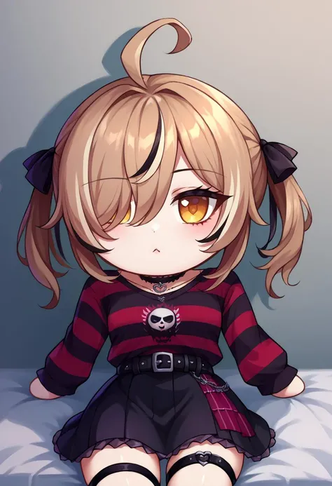 score_9, score_8_up, source_anime, 1girl, solo, fumo \(doll\), chibi, sitting, mumei_emo, twintails, hair over one eye, ahoge, striped sweater, black skirt, belt, thigh strap, hair ribbon, heart choker, <lora:mumeiXL:0.7>, <lora:style_toyfumo_ponyXL:1.2>