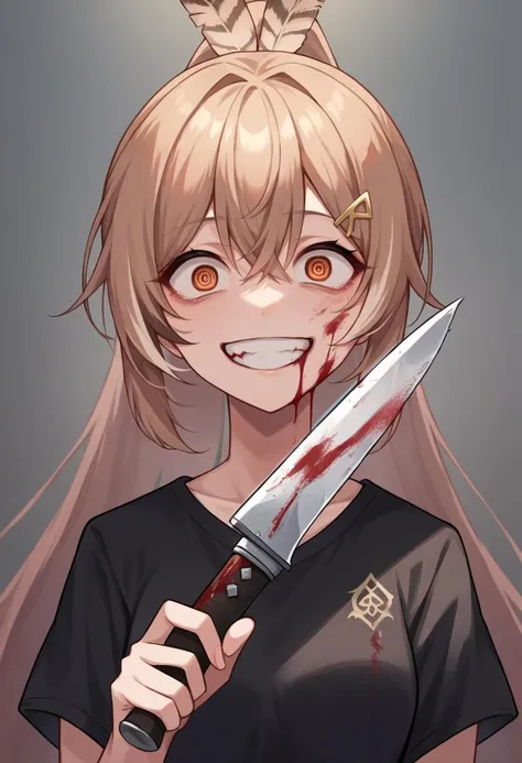 score_9, score_8_up, source_anime, 1girl, solo, mumei, ponytail, very long hair, feather hair ornament, hairclip, yandere, crazy eyes, insane, crazy smile, holding knife, blood on face, black shirt, upper body, <lora:mumeiXL:0.8>