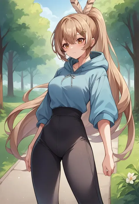 score_9, score_8_up, source_anime, 1girl, solo, mumei, ponytail, very long hair, feather hair ornament, hairclip, medium breasts, outdoors, park, blue hoodie, high-waist pants, yoga pants, black pants, light blush, <lora:mumeiXL:0.8>