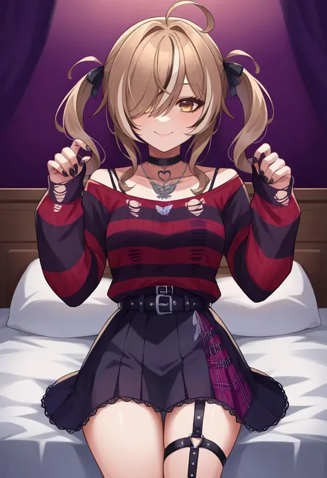 score_9, score_6_up, source_anime, 1girl, solo, bedroom, black theme, mumei_emo, twintails, hair over one eye, ahoge, striped sweater, black skirt, belt, thigh strap, hair ribbon, heart choker, black nails, light smile <lora:mumeiXL:1>