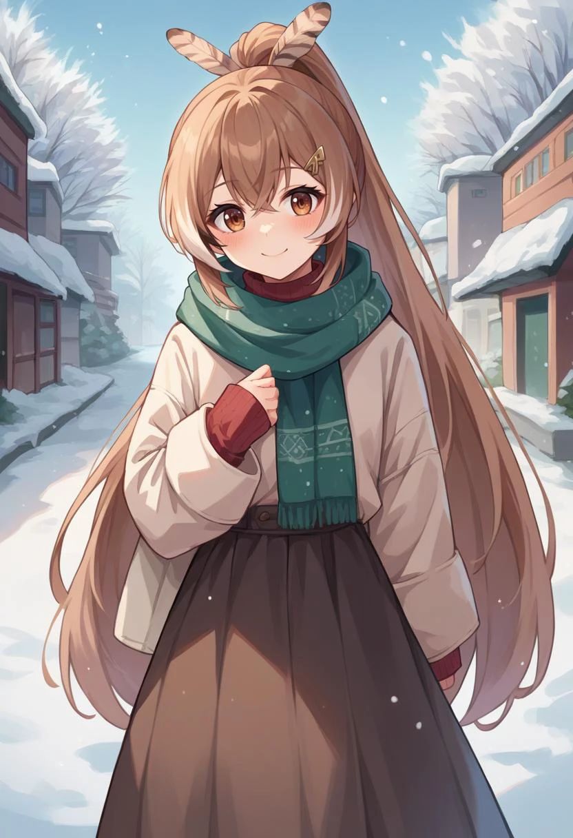 score_9, score_8_up, source_anime, 1girl, solo, mumei, ponytail, very long hair, feather hair ornament, hairclip, turtleneck sweater, long skirt, outdoors, scarf, winter, smile, blush, <lora:mumeiXL:0.8>