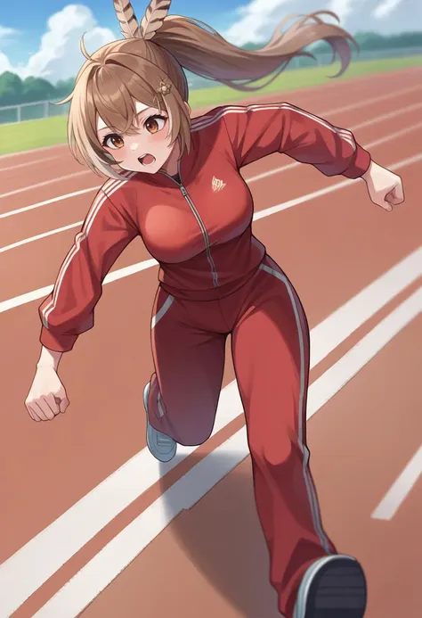 score_9, score_6_up, source_anime, 1girl, solo, mumei, ponytail, feather hair ornament, running, red tracksuit <lora:mumeiXL:0.8>