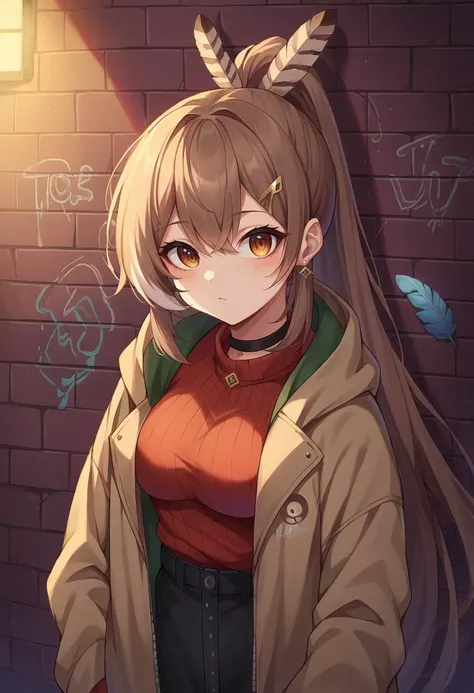 score_9, score_8_up, source_anime, 1girl, solo, mumei, ponytail, very long hair, feather hair ornament, hairclip, medium breasts, earrings, sharp eyes, choker, neon shirt, open jacket, turtleneck sweater, night, against wall, brick wall, graffiti, dim lighting, alley, looking at viewer, <lora:mumeiXL:0.8>