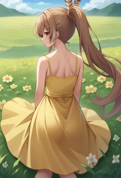 score_9, score_6_up, source_anime, 1girl, solo, flower field, mumei, ponytail, very long hair, feather hair ornament, hairclip, yellow sundress, from behind, ass, light smile <lora:mumeiXL:0.8>