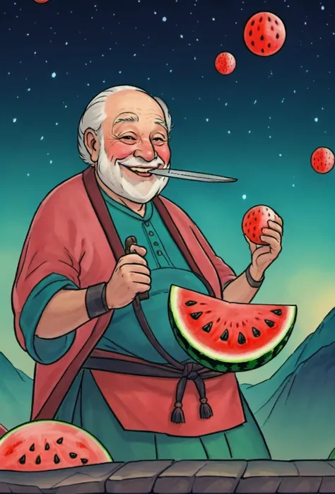 Slightly fat old man with knife, smiling and eating watermelon, celestial palace background, gradient color,<lora:XYå 大:0.8>