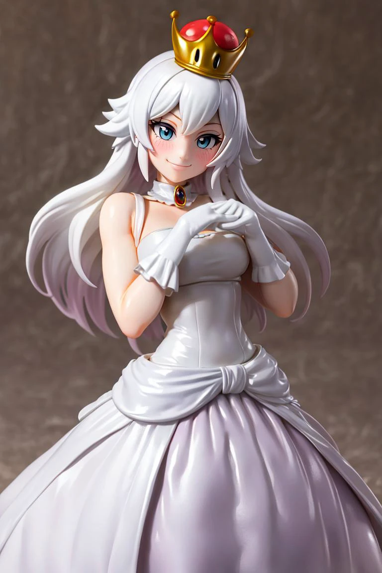 <lora:Anime_Figure:1>, figure, ((masterpiece,best quality)), absurdres, <lora:Boosette_Mario_Anime:0.9>, Boosette_Mario, 1girl, long hair, white hair, long white dress, ballroom dress, white gloves, solo, smiling, blushing, looking at viewer, cowboy shot,