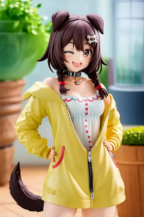 <lora:Anime_Figure:1>, ((masterpiece,best quality)), Figure, 1girl, solo, long hair, looking at viewer, smile, open mouth, brown hair, hair ornament, dress, animal ears, hair between eyes, brown eyes, medium breasts, jacket, tail, braid, cowboy shot, one eye closed, off shoulder, white dress, blurry, twin braids, collar, hand on hip, v, blurry background, short dress, dog ears, dog tail, dog girl, yellow jacket, animal collar, bone hair ornament, low twin braids, cartoon bone, inugami korone