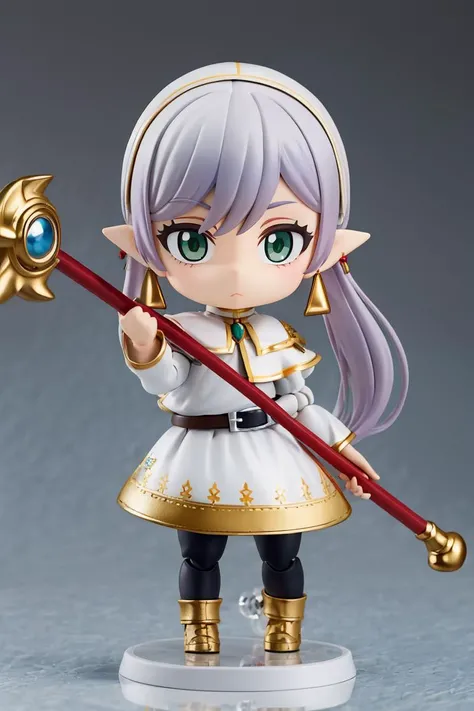 <lora:Anime_Figure:1>, ((masterpiece,best quality)), Figure, 1girl, solo, long hair, looking at viewer, simple background, long sleeves, white background, white dress, holding, twintails, jewelry, closed mouth, green eyes, standing, full body, grey hair, pantyhose, earrings, boots, pointy ears, belt, chibi, capelet, brown footwear, staff, holding staff, white capelet