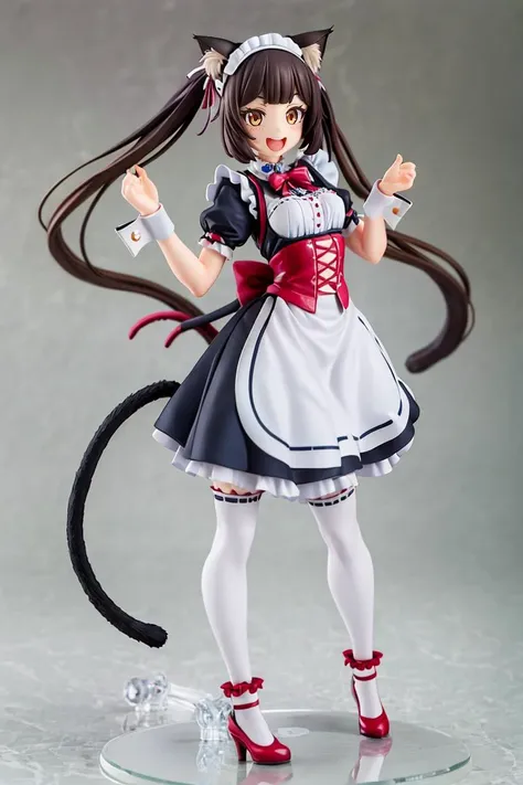 <lora:Anime_Figure:1>, ((masterpiece,best quality)), Figure, 1girl, solo, long hair, looking at viewer, smile, open mouth, simple background, brown hair, black hair, thighhighs, white background, bow, ribbon, animal ears, twintails, brown eyes, very long hair, standing, tail, full body, short sleeves, :d, heart, frills, shoes, puffy sleeves, black thighhighs, cat ears, blunt bangs, apron, high heels, puffy short sleeves, zettai ryouiki, cat tail, wrist cuffs, maid, maid headdress, bell, cat girl, waist apron, animal ear legwear, cat ear legwear