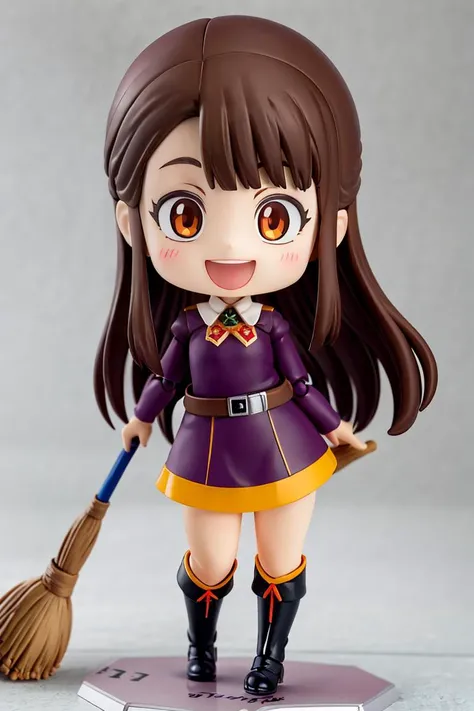 <lora:Anime_Figure:1>, ((masterpiece,best quality)), Figure, 1girl, solo, long hair, looking at viewer, smile, open mouth, simple background, brown hair, red eyes, long sleeves, white background, dress, holding, school uniform, standing, full body, :d, boots, belt, chibi, broom, holding broom, luna nova school uniform, kagari atsuko, purple dress,