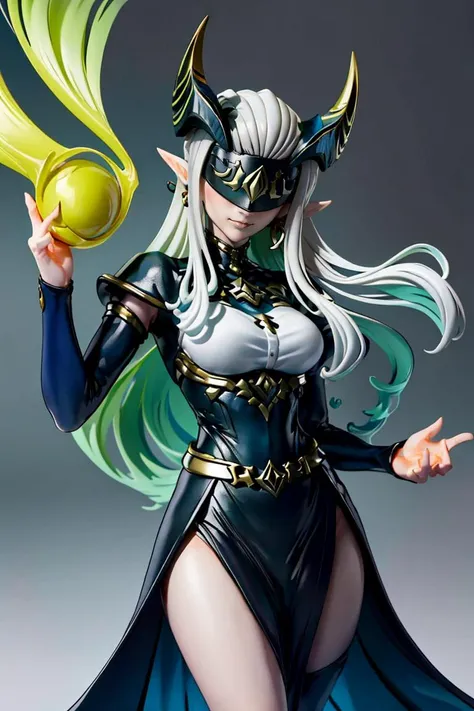 <lora:Anime_Figure:1>, figure, ((masterpiece,best quality)), absurdres, <lora:Shemira_AFK_v2:0.8>, Shemira_AFK, pointy ears, covered eyes, green glow, grey skin, magic, thighs, long dress, smug,
