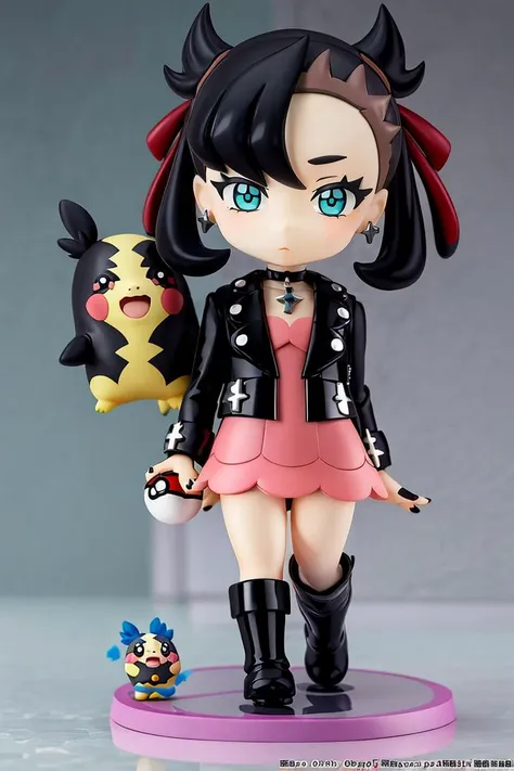 <lora:Anime_Figure:1>, ((masterpiece,best quality)), Figure, 1girl, looking at viewer, black hair, long sleeves, dress, ribbon, holding, twintails, jewelry, closed mouth, green eyes, standing, jacket, full body, hair ribbon, earrings, boots, open clothes, choker, medium hair, bag, chibi, black footwear, open jacket, red ribbon, black jacket, eyelashes, pokemon (creature), watermark, black choker, backpack, pink dress, black nails, poke ball, asymmetrical bangs, holding poke ball, marnie (pokemon), morpeko, morpeko (full)
