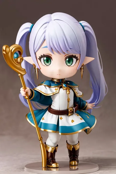 <lora:Anime_Figure:1>, ((masterpiece,best quality)), Figure, 1girl, solo, long hair, looking at viewer, simple background, long sleeves, white background, white dress, holding, twintails, jewelry, closed mouth, green eyes, standing, full body, grey hair, pantyhose, earrings, boots, pointy ears, belt, chibi, capelet, brown footwear, staff, holding staff, white capelet