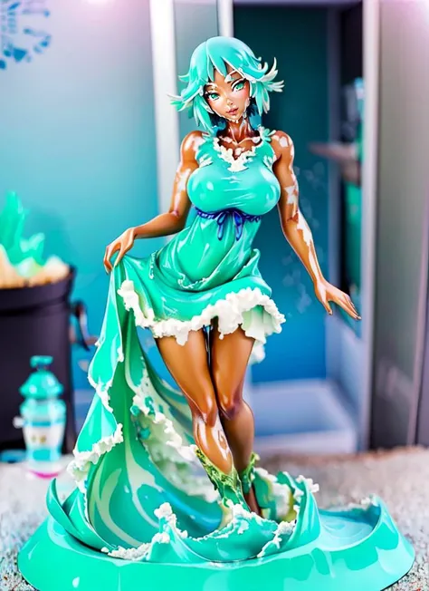 ((best quality)), ((highly detailed)), masterpiece, extremely detailed face, beautiful face, , (1girl), dynamic pose, full body, (((wide shot))), ((stockings)), ((water elemental)), ((colored skin, aqua colored skin:1.3)), (((liquid hair))), short hair, wet hair, aqua hair, green eyes, large breasts, <lora:water_concept:.6>, Fullwater, (liquid body, liquid, water), <lora:LiquidClothesV1fixed:1>, liquid clothes, waves, sea, water, blue dress, water dress, sea foam, outside, at the ocean, beach, sunny day, sea gulls in background, (indoors, on an elevator), <lora:Anime_Figure:1>, figure