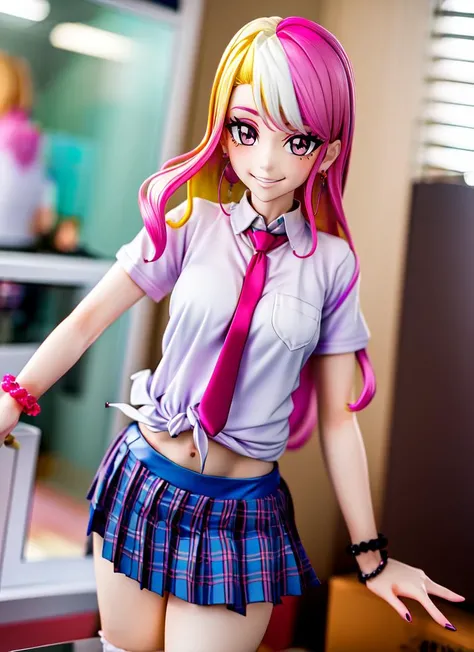 ((best quality)), ((highly detailed)), , (1girl), mirror, reflection, dynamic pose, cowboy shot, ((wide shot)), <lora:hairdetailer:.5>, gyaru, (((multicolored hair))), ((bleach blonde hair and purple and pink hair)), brown eyes, grin, medium breasts, makeup, long nails, jewelry, earrings, bracelets, piercings, scrunchies, school uniform, white shirt, ((tied shirt:1.2)), loose necktie, midriff, pleated skirt, plaid skirt, ((loose socks)), white socks, loafers, (indoors, in a gymnasium), <lora:Anime_Figure:1>, figure