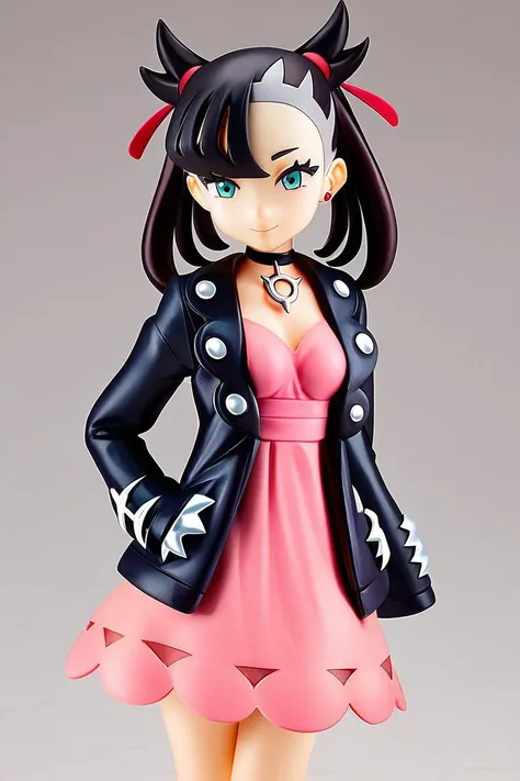 score_9, score_8_up, score_8, medium breasts, cute, eyelashes, figure, marnie \(pokemon\), aqua eyes, black choker, red ribbon, pink dress, jewelry, black jacket, open clothes, long sleeves, solo, smiling, looking at viewer, cowboy shot, , <lora:Anime_Figure_P1:1>,