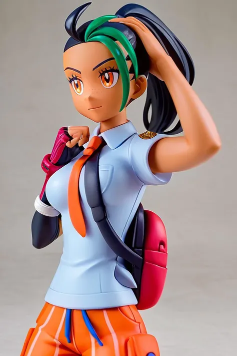 score_9, score_8_up, score_8, medium breasts, cute, eyelashes, figure, Nemona \(Pokemon\), black hair, green hair, orange eyes, dark skin, multicolored hair, two-tone hair, hair pulled back, collared shirt, fingerless gloves, orange shorts, backpack <lora:Nemona_Pokemon_P1:0.8>, <lora:Anime_Figure_P1:0.8>,