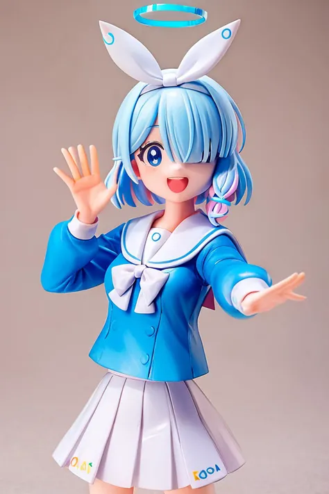 score_9, score_8_up, score_8, medium breasts, cute, eyelashes, figure, arona, <lora:arona-ponyxl-lora-nochekaiser:0.8>, arona, blue eyes, blue hair, hair over one eye, bangs, halo, mechanical halo, long sleeves, ribbon, school uniform, serafuku, skirt, white skirt, waving, cowboy shot, smile, looking at viewer, <lora:Anime_Figure_P1:1>,