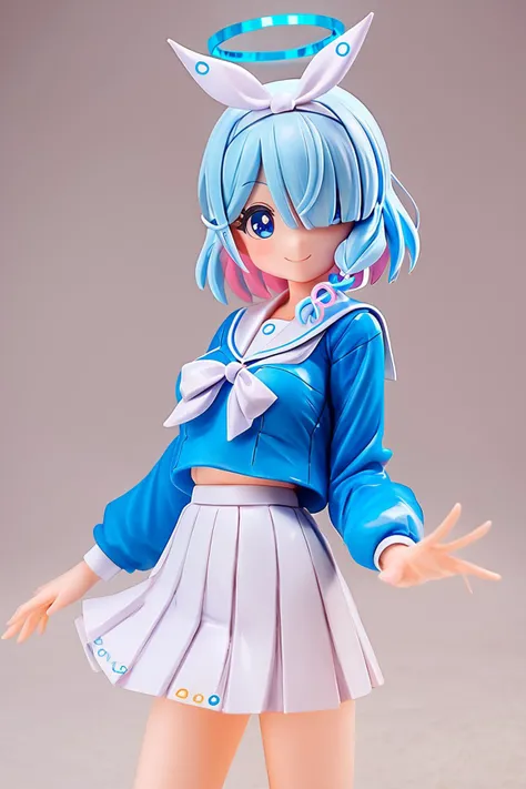 score_9, score_8_up, score_8, medium breasts, cute, eyelashes, figure, arona, <lora:arona-ponyxl-lora-nochekaiser:0.8>, arona, blue eyes, blue hair, hair over one eye, bangs, halo, mechanical halo, long sleeves, ribbon, school uniform, serafuku, skirt, white skirt, cowboy shot, smile, looking at viewer, <lora:Anime_Figure_P1:1>,