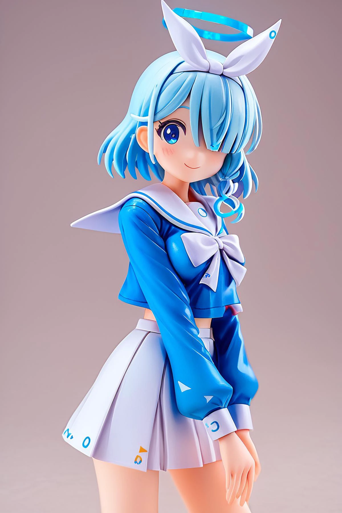 score_9, score_8_up, score_8, medium breasts, cute, eyelashes, figure, arona, <lora:arona-ponyxl-lora-nochekaiser:0.8>, arona, blue eyes, blue hair, hair over one eye, bangs, halo, mechanical halo, long sleeves, ribbon, school uniform, serafuku, skirt, white skirt, cowboy shot, smile, looking at viewer, <lora:Anime_Figure_P1:1>,