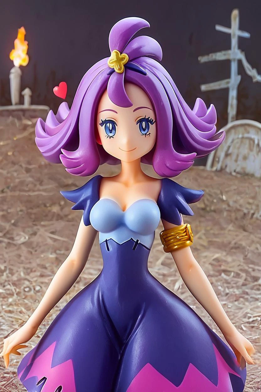 score_9, score_8_up, score_8, medium breasts, cute, eyelashes, figure, acerola (pokemon), purple hair, purple hair, topknot, flipped hair, collarbone, purple dress, stitches, multicolored dress, armlet, smile, looking at viewer, cowboy shot, medium breasts, curvy, narrow waist, graveyard, <lora:Acerola_Pokemon_P1:0.8>, <lora:Anime_Figure_P1:1>,