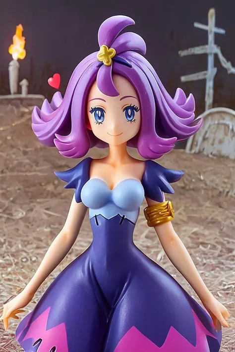 score_9, score_8_up, score_8, medium breasts, cute, eyelashes, figure,   acerola (pokemon), purple hair, purple hair, topknot, flipped hair, collarbone, purple dress, stitches, multicolored dress, armlet, smile, looking at viewer, cowboy shot, medium breasts, curvy, narrow waist, graveyard, <lora:Acerola_Pokemon_P1:0.8>,     <lora:Anime_Figure_P1:1>,