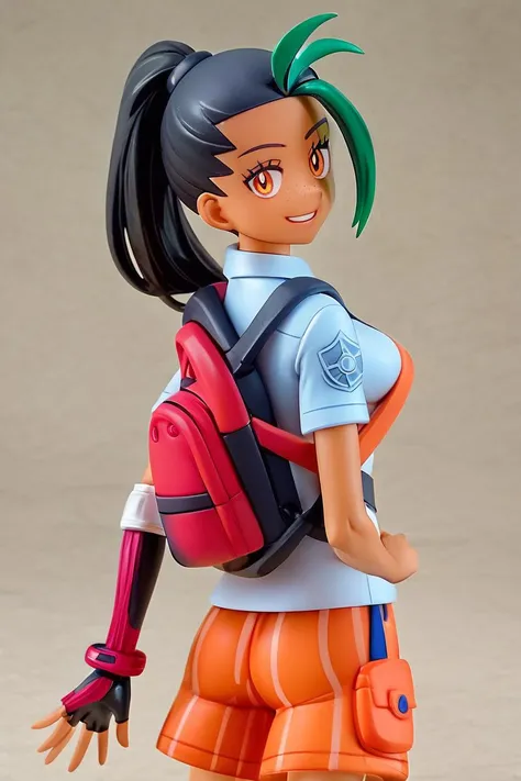 score_9, score_8_up, score_8, medium breasts, cute, eyelashes, figure, Nemona \(Pokemon\), black hair, green hair, orange eyes, dark skin, multicolored hair, two-tone hair, hair pulled back, collared shirt, fingerless gloves, orange shorts, backpack cowboy shot, smile, looking at viewer, <lora:Nemona_Pokemon_P1:0.8>, <lora:Anime_Figure_P1:0.8>,
