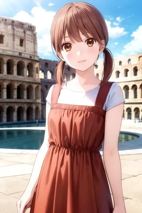 masterpiece, best quality, movie still, 1girl, solo, looking at viewer, , , , realistic, <lora:rinko_yamato:0.66>, rinko_yamato, brown hair, brown eyes, low twintails, , colosseum, 2k resolution