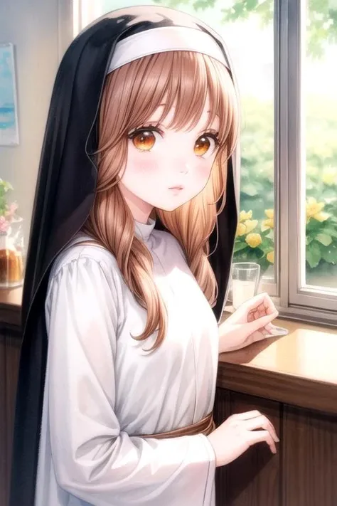 masterpiece, best quality, sketch, 1girl, solo, looking at viewer, upper body, depth of field, (watercolor illustration, soft pastel colors:1.1), , <lora:rinko_yamato:0.68>, rinko_yamato, brown hair, brown eyes, long hair, nun costume, bar,