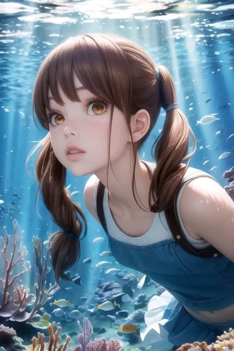 masterpiece, best quality, photorealistic, 1girl, solo, looking at viewer, upper body, , , realistic, <lora:rinko_yamato:0.74>, rinko_yamato, brown hair, brown eyes, low twintails, , Atlantis: A lost city of great wisdom and power, now drowned beneath the sea, 16k resolution