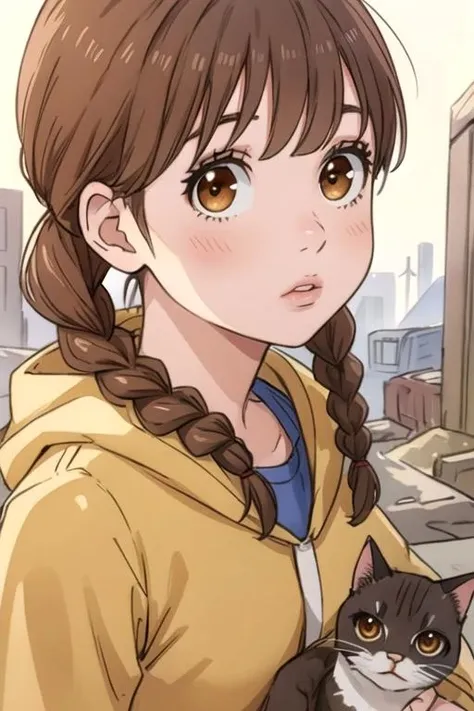 masterpiece, best quality, sketch, 1girl, solo, looking at viewer, upper body, depth of field, , realistic, <lora:rinko_yamato:0.74>, rinko_yamato, brown hair, brown eyes, twin braids, cat costume, post-apocalyptic, 4k resolution