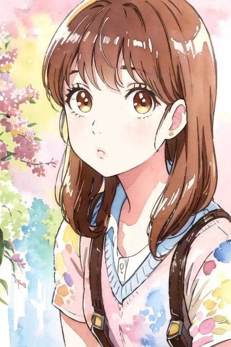 masterpiece, best quality, wallpaper, 1girl, solo, looking at viewer, upper body, depth of field, (watercolor illustration, soft pastel colors:1.1), , <lora:rinko_yamato:0.68>, rinko_yamato, brown hair, brown eyes, long hair, , dieselpunk,
