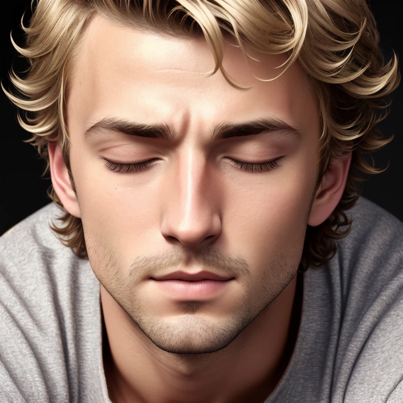 (((photographic, photo, photogenic))), ( sexy), (detailed face, detailed nose) (man)(JerichoV2,:1) (((eyes closed))), short blond curls, laying on bed, black collar tattoo, Male, man, young man,