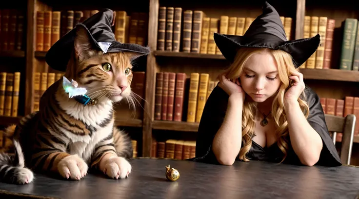 tiktok photography medieval witch and her ([cat:tiger:0.63]), black-grey loose robes, (small hat), (woman), shiny eyes, pearl skin, intricate detail, lace, medieval architecture, (library), (professional), Intricate material, coarse, High Detail, patterns, runes, (runic face tattoos), carvings, (slim:1.2), thin, glowing mystical, Sharp focus, dramatic, hands on hips, ( long blonde hair ), spells, yellow-black-green colors, (freckles:0.98) , angry pose, (scar:0.9), (pores:1.2), (amateur:1.1), with a ((([cat:tiger:0.63] at a table))), 8k detailed ((photography realistic masterpiece award winning)), painting, cute