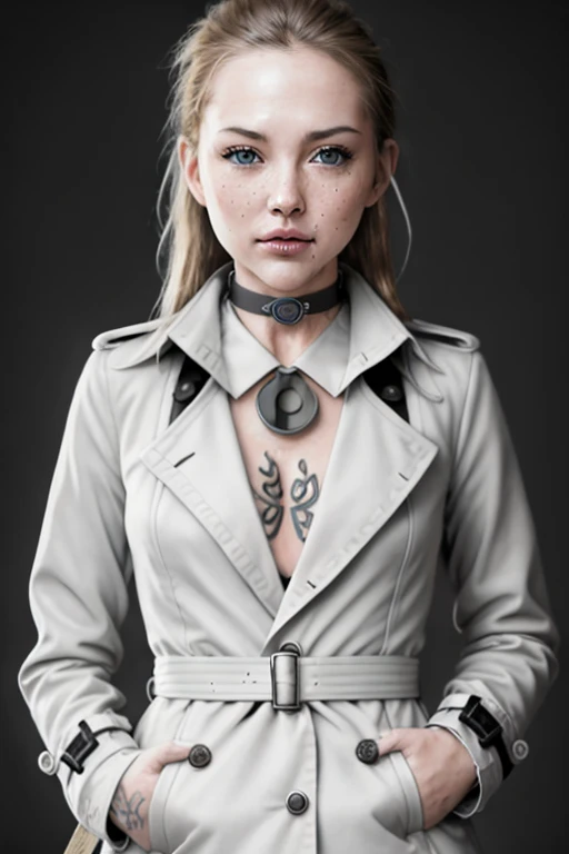 (((photographic, photo, photogenic, rule of thirds, dramatic lighting))), ((whole body portrait)) ((cute)), (detailed face, detailed nose) (((mature woman))) in forest ((white skin)) (()) (((wearing trenchcoat))), freckles, short wavy brushed blond,blonde hair, ((collar or choker)), ((smirk)), ((tattoo))