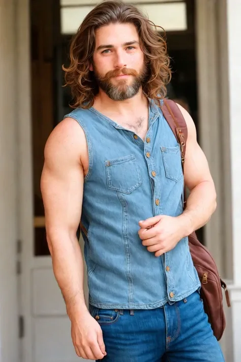 photogenic handsome mature man in tank-top and denim jeans with full beard muscular, with long curly messy brown hair, (((freckles))), smirking at camera, backpack on back, (photo photograph photogenic) composition dof rule of thirds aesthetic sharp focus dof