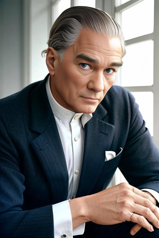 a man 44y.o, ((fullbody:1.7)), award winning photo, blond hair, his hair is a little loose from the top, hair combed back, wide face, looking around, fashionable clothes, ((masterpiece)), detailed face, detailed blue eyes, color photograph, (sharp focus:1.2), sitting, extremely detailed, intricate, dramatic lighting, moody and melancholic atmosphere, sony a7 IV film stock photograph 4 kodak portra 400 camera f1.6 lens rich colors hyper realistic lifelike texture, best quality dramatic lighting cinestill 800, deep shadow, photo, Highly detailed, wide angle lens, depth of field, bokeh, 4K, HDR, absurdres, hyperrealistic, photorealistic, 1980s, ataturk