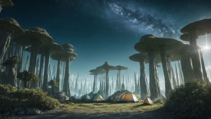 (sci-fi fantasy whimsical ethereal photography:1.4)
(
camping on an alien world, alien landscape
:1.4)
(wide angle action shot:1.2)
(cconcept art:1.2)
(botw genshin:0.6) (ghibli:1.0) (god of war:0.6) (horizon zero dawn:0.6) (assassins creed:1.0) (star wars:1.0) (star trek:1.0) (horizon forbidden west:0.6) (stargate sg-1 stargate atlantis:1.2)
(photo photogenic hdr sharp focus intricate detail composition rule of thirds dof 8k hires reflections bloom:1.2)
(particles:0.8)
(raytracing rtx unreal engine octane render blender:1.3)