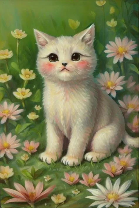 <lora:envybetterhandsLocon_alpha3:1>, <lora:BrandiMilne:.7>, brandimilne, painting of a peacful meadow with flowers and a furry creature