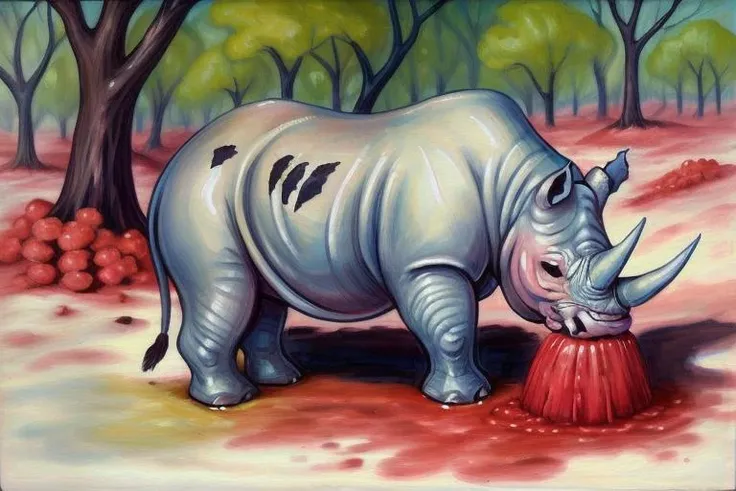 <lora:envybetterhandsLocon_alpha3:1>, <lora:BrandiMilne:.7>, brandimilne, painting of a rhino mulching